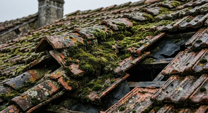 Toiture envahie par la mousse et le lichen