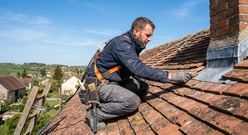 Artisan couvreur inspectant une toiture à Épinay-sur-Orge