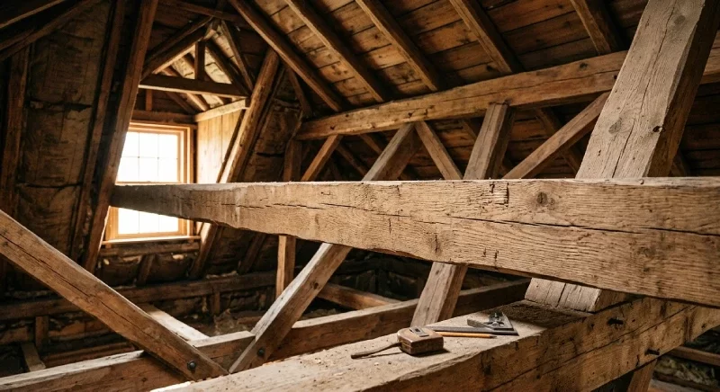 Artisan expert inspectant une charpente en bois