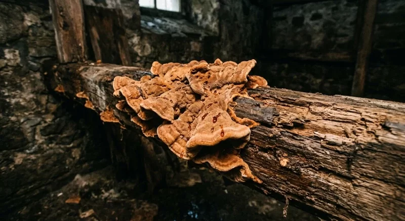 Champignon mérule sur une poutre